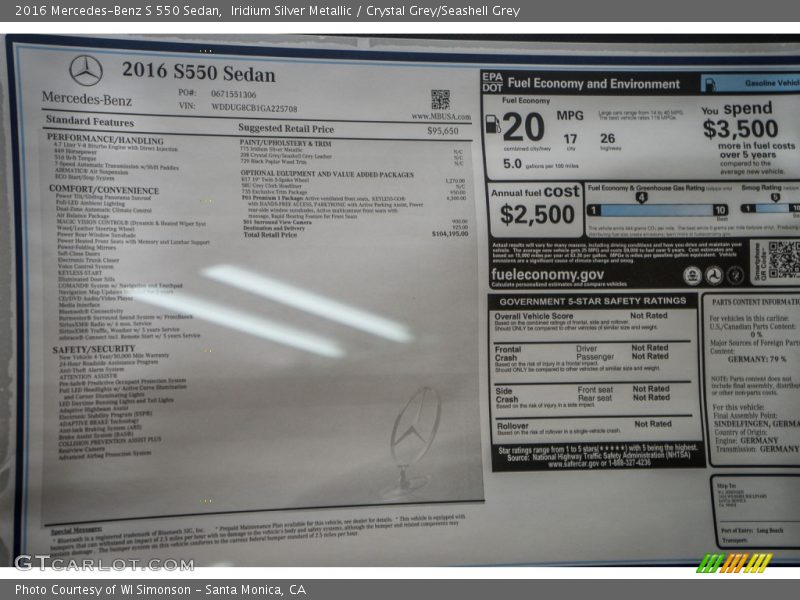 Iridium Silver Metallic / Crystal Grey/Seashell Grey 2016 Mercedes-Benz S 550 Sedan