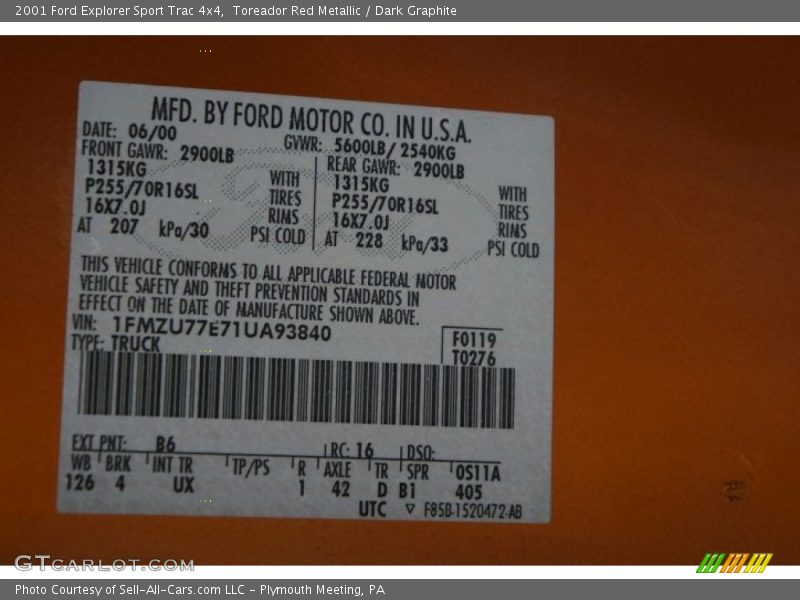 Toreador Red Metallic / Dark Graphite 2001 Ford Explorer Sport Trac 4x4