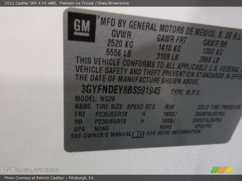 Platinum Ice Tricoat / Shale/Brownstone 2011 Cadillac SRX 4 V6 AWD