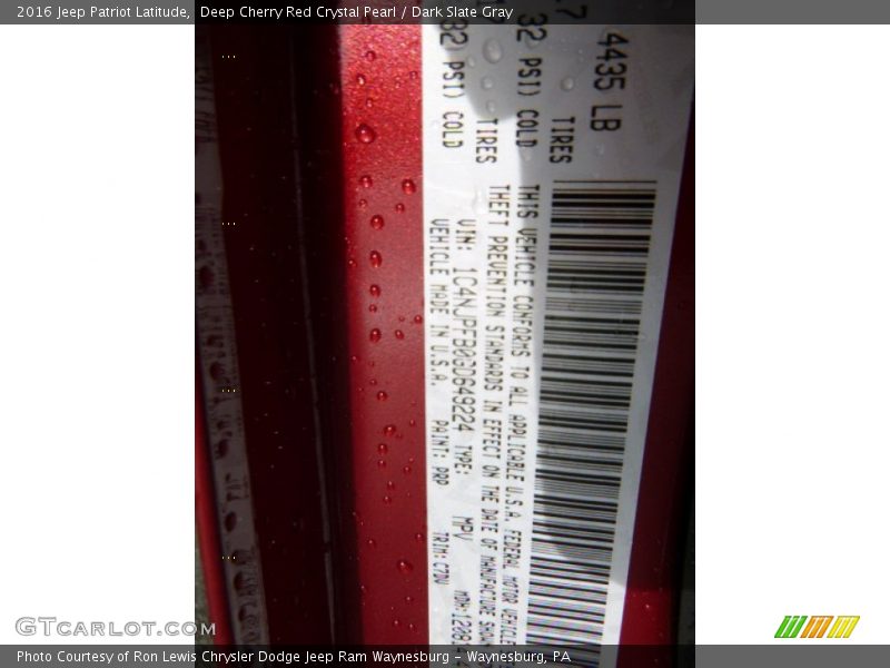 2016 Patriot Latitude Deep Cherry Red Crystal Pearl Color Code PRP