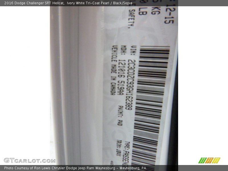 2016 Challenger SRT Hellcat Ivory White Tri-Coat Pearl Color Code PWD