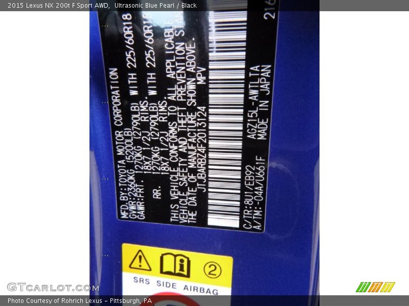 2015 NX 200t F Sport AWD Ultrasonic Blue Pearl Color Code 8U1
