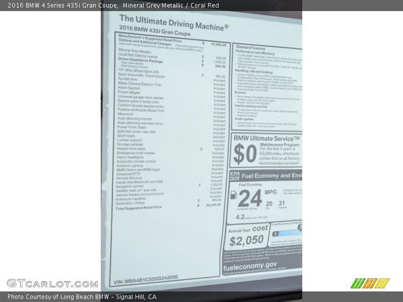 Mineral Grey Metallic / Coral Red 2016 BMW 4 Series 435i Gran Coupe