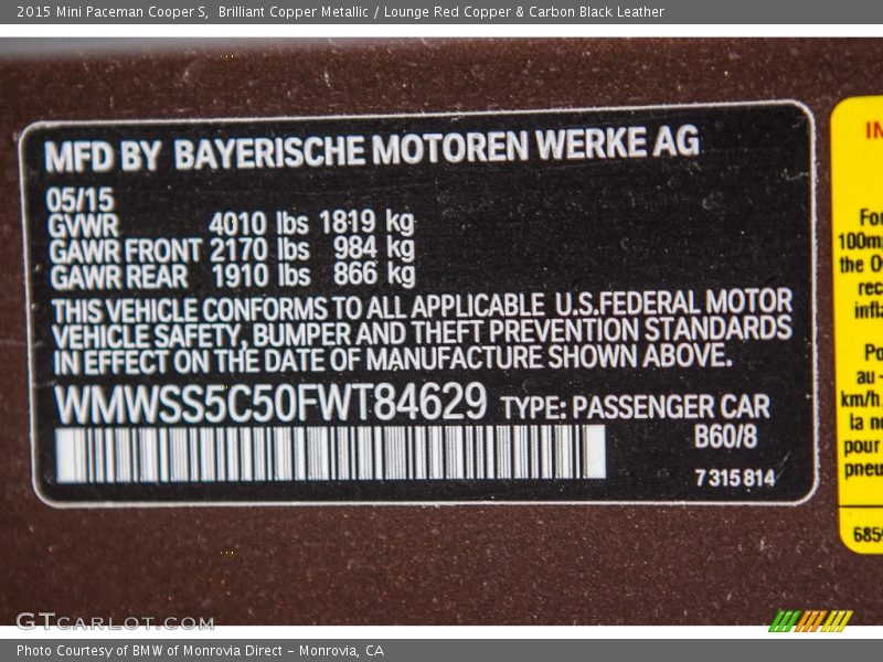 2015 Paceman Cooper S Brilliant Copper Metallic Color Code B60