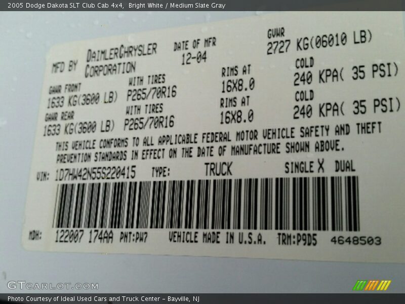 Bright White / Medium Slate Gray 2005 Dodge Dakota SLT Club Cab 4x4