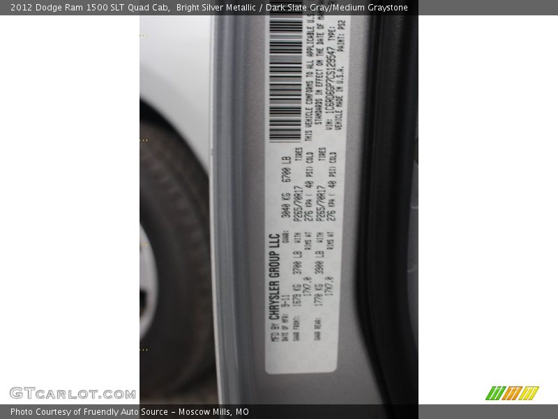 Bright Silver Metallic / Dark Slate Gray/Medium Graystone 2012 Dodge Ram 1500 SLT Quad Cab