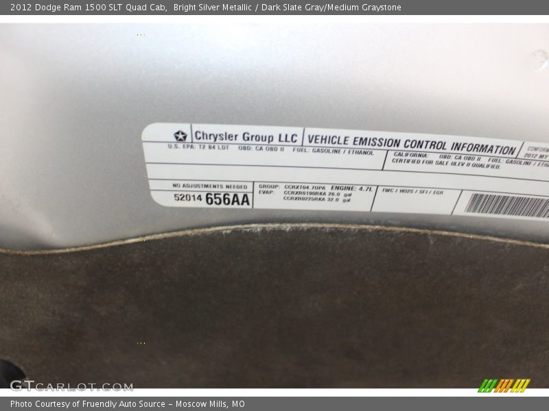 Bright Silver Metallic / Dark Slate Gray/Medium Graystone 2012 Dodge Ram 1500 SLT Quad Cab