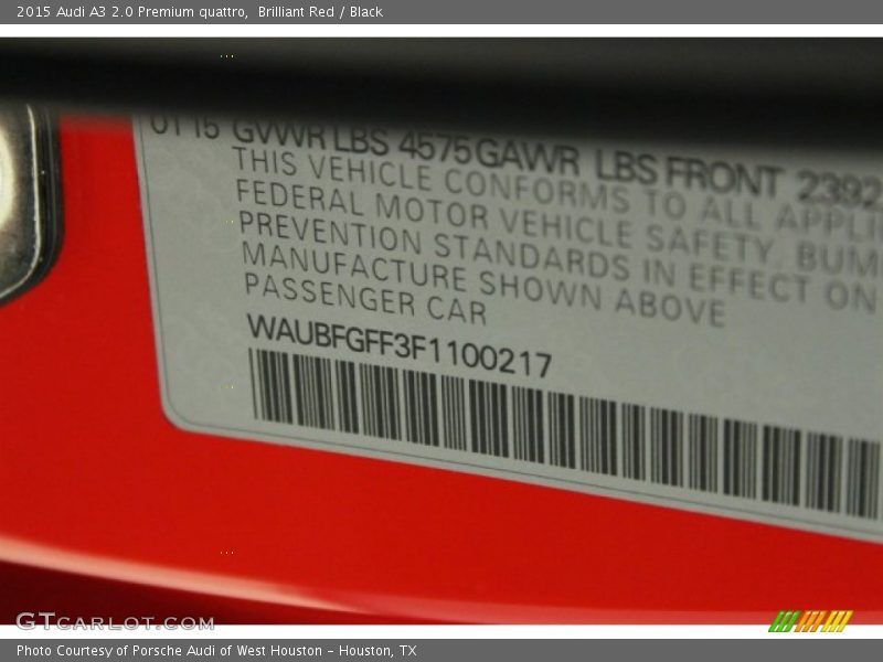 Brilliant Red / Black 2015 Audi A3 2.0 Premium quattro