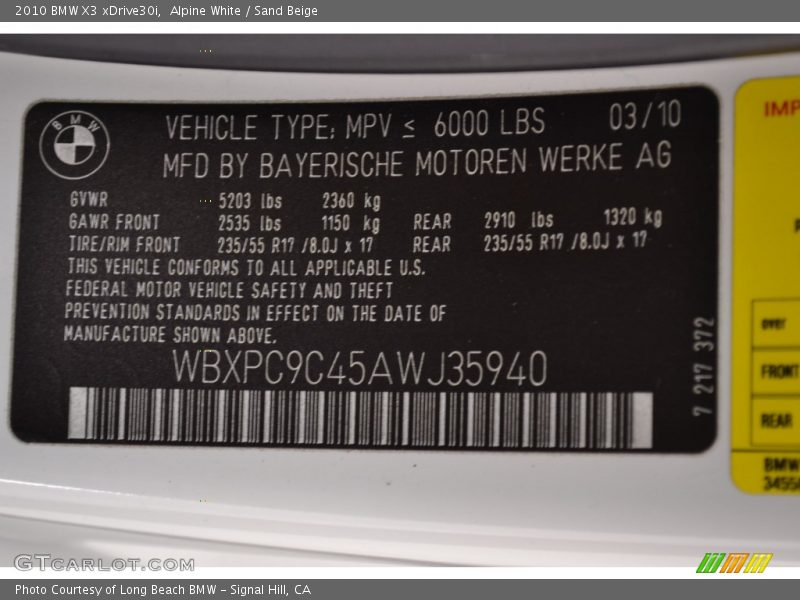Alpine White / Sand Beige 2010 BMW X3 xDrive30i