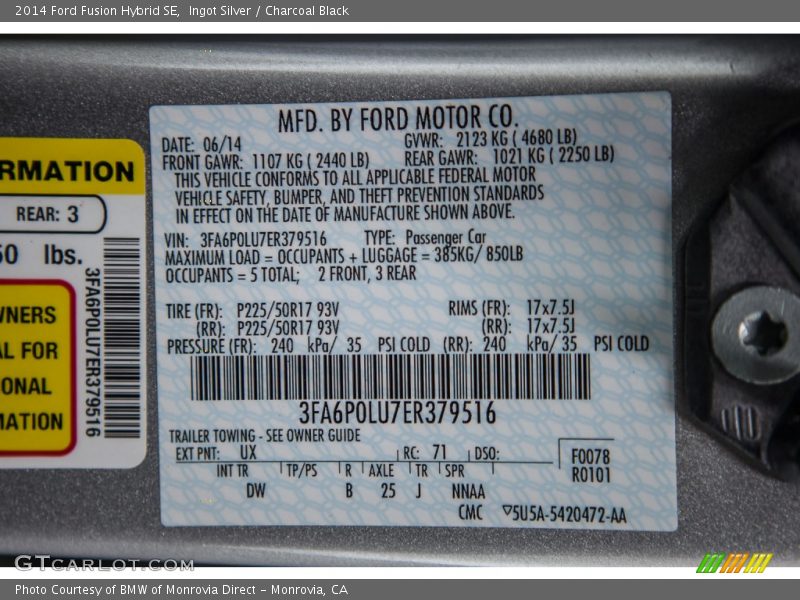 Ingot Silver / Charcoal Black 2014 Ford Fusion Hybrid SE