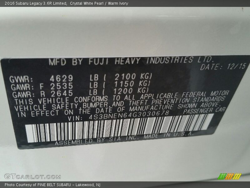 Crystal White Pearl / Warm Ivory 2016 Subaru Legacy 3.6R Limited