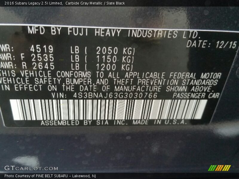 Carbide Gray Metallic / Slate Black 2016 Subaru Legacy 2.5i Limited