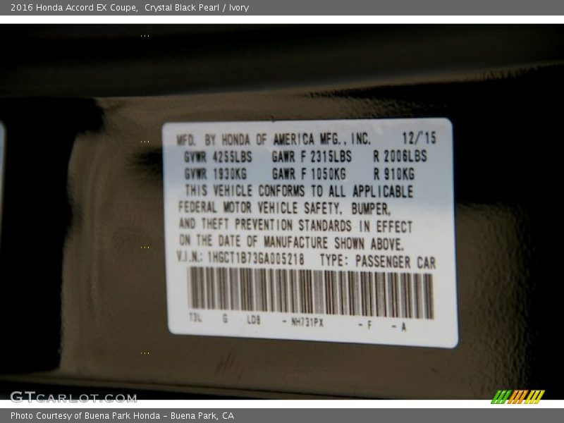 Crystal Black Pearl / Ivory 2016 Honda Accord EX Coupe
