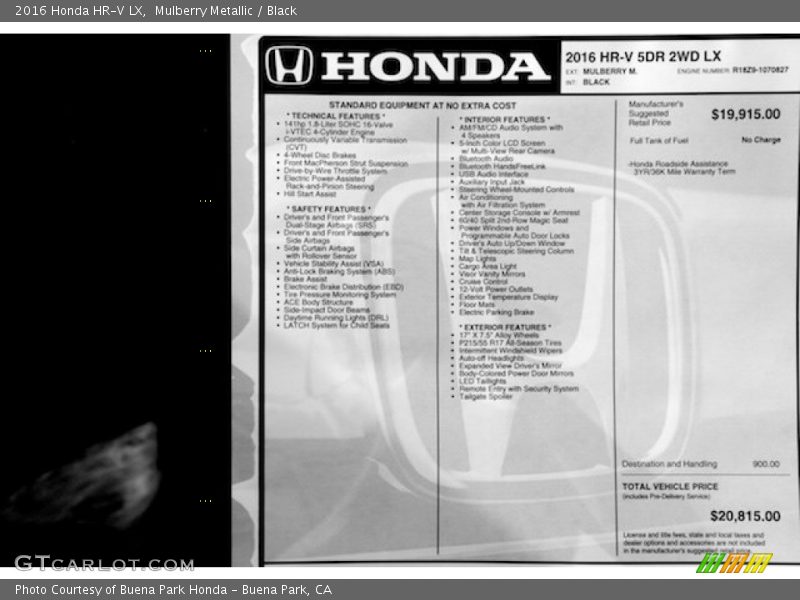 Mulberry Metallic / Black 2016 Honda HR-V LX