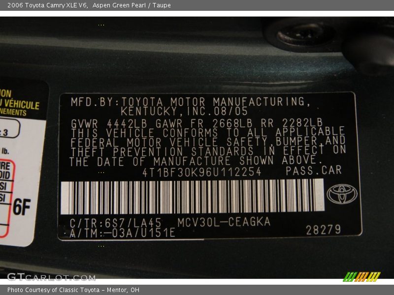 2006 Camry XLE V6 Aspen Green Pearl Color Code 6S7