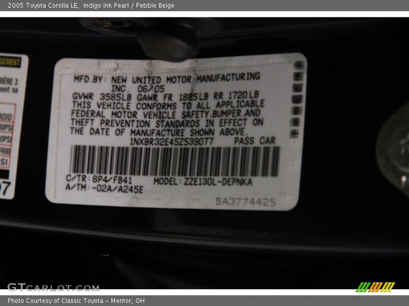 Indigo Ink Pearl / Pebble Beige 2005 Toyota Corolla LE