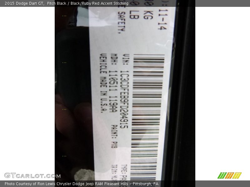 Pitch Black / Black/Ruby Red Accent Stitching 2015 Dodge Dart GT