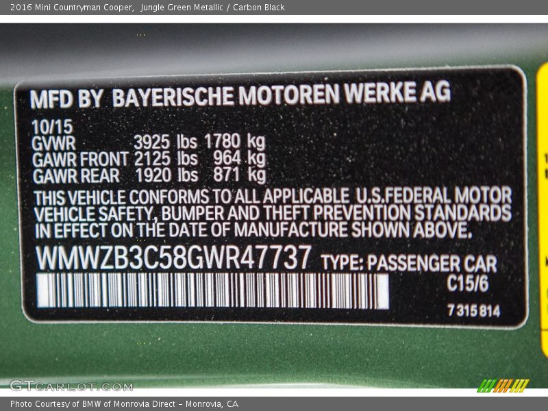 Jungle Green Metallic / Carbon Black 2016 Mini Countryman Cooper