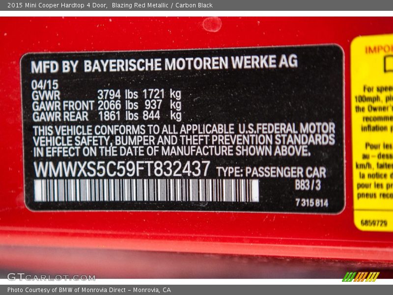 Blazing Red Metallic / Carbon Black 2015 Mini Cooper Hardtop 4 Door