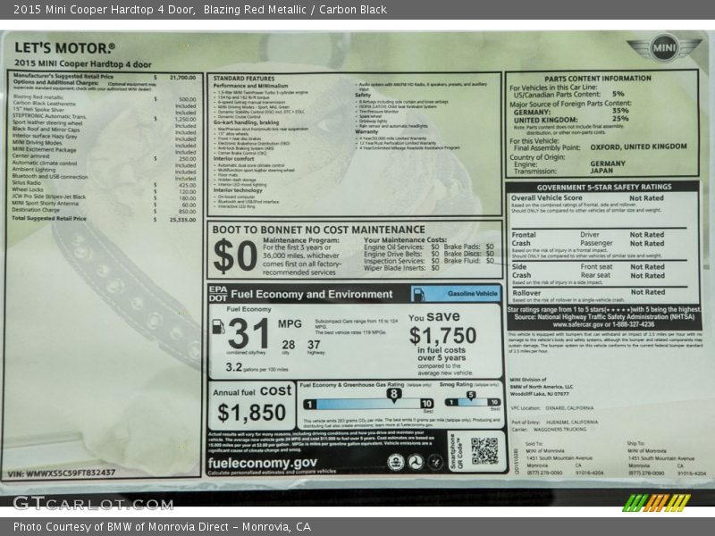 Blazing Red Metallic / Carbon Black 2015 Mini Cooper Hardtop 4 Door