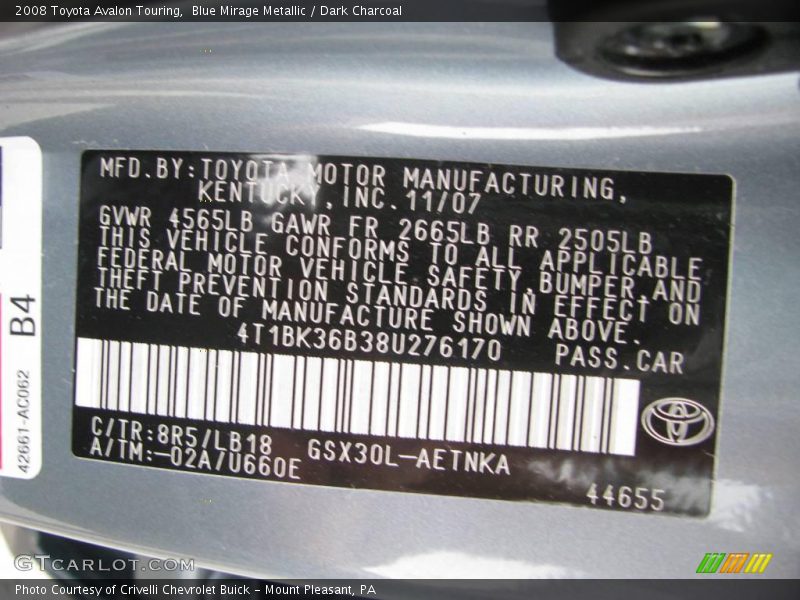 Blue Mirage Metallic / Dark Charcoal 2008 Toyota Avalon Touring