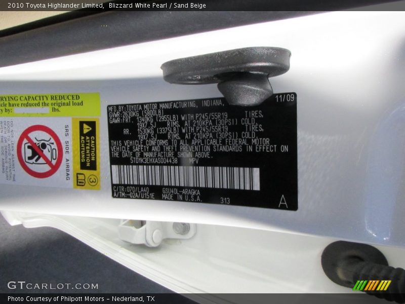 Blizzard White Pearl / Sand Beige 2010 Toyota Highlander Limited
