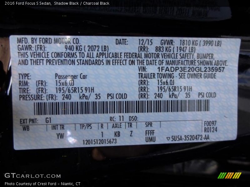 Shadow Black / Charcoal Black 2016 Ford Focus S Sedan