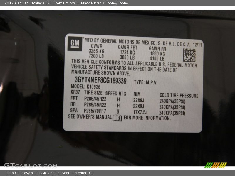 Black Raven / Ebony/Ebony 2012 Cadillac Escalade EXT Premium AWD