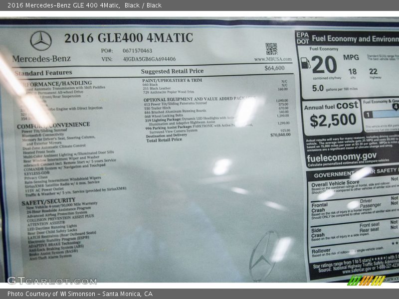  2016 GLE 400 4Matic Window Sticker