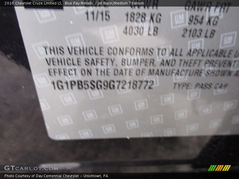 Blue Ray Metallic / Jet Black/Medium Titanium 2016 Chevrolet Cruze Limited LS