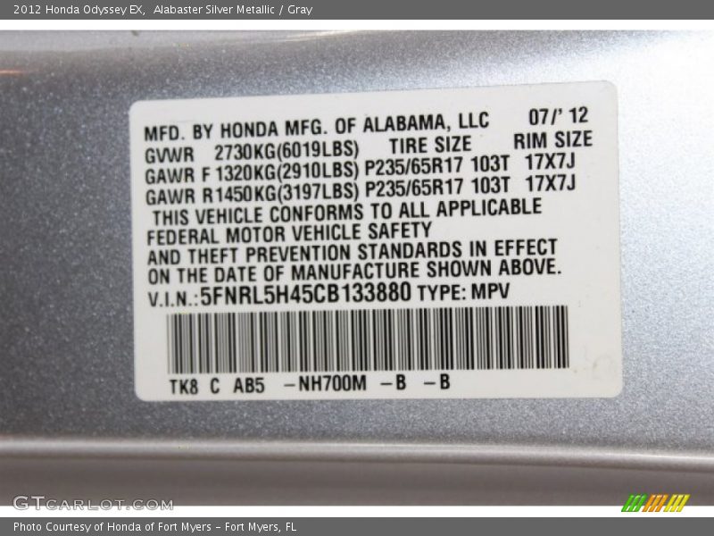 Alabaster Silver Metallic / Gray 2012 Honda Odyssey EX