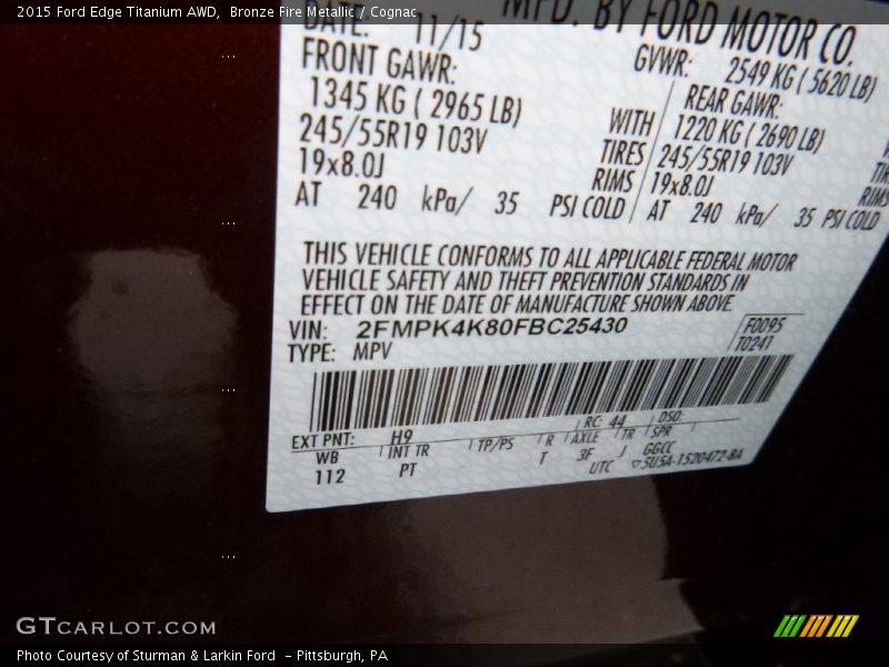 2015 Edge Titanium AWD Bronze Fire Metallic Color Code H9