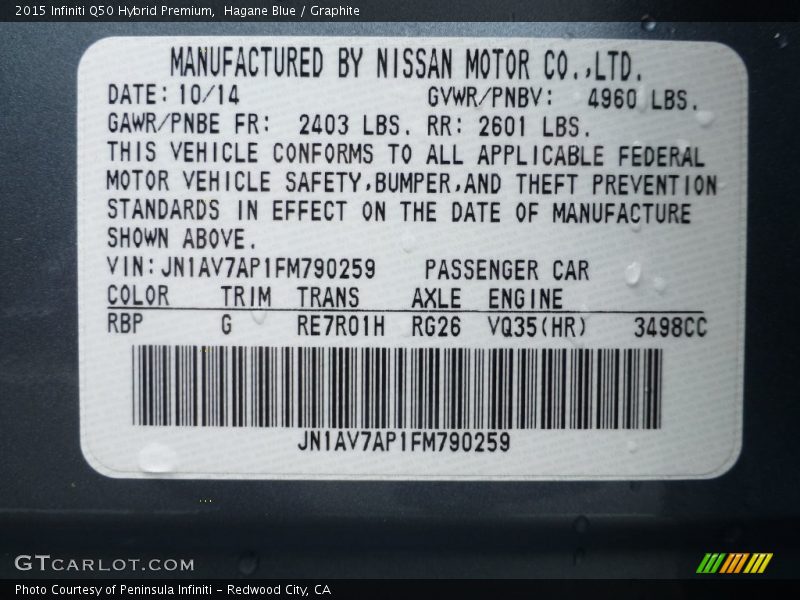 2015 Q50 Hybrid Premium Hagane Blue Color Code RBP