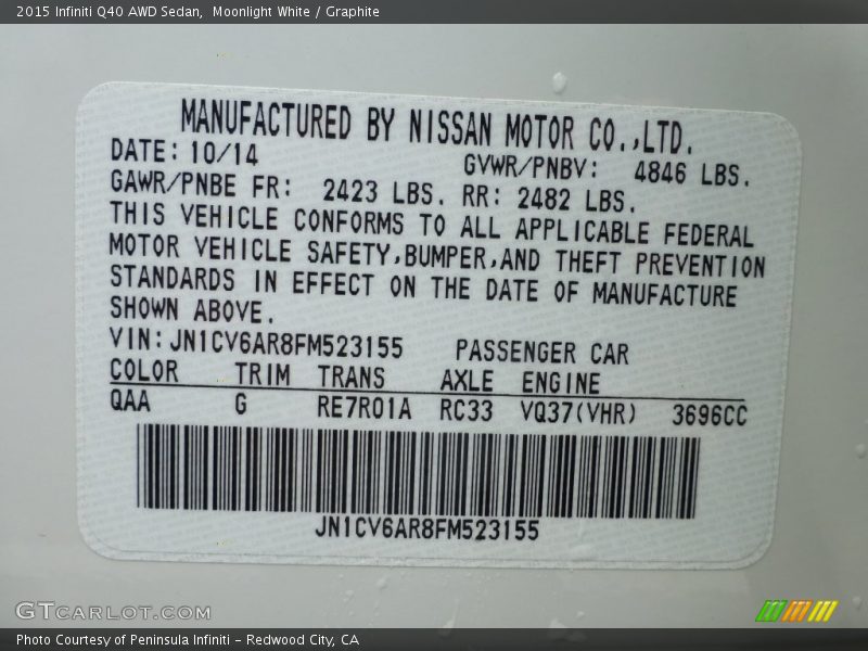 2015 Q40 AWD Sedan Moonlight White Color Code QAA