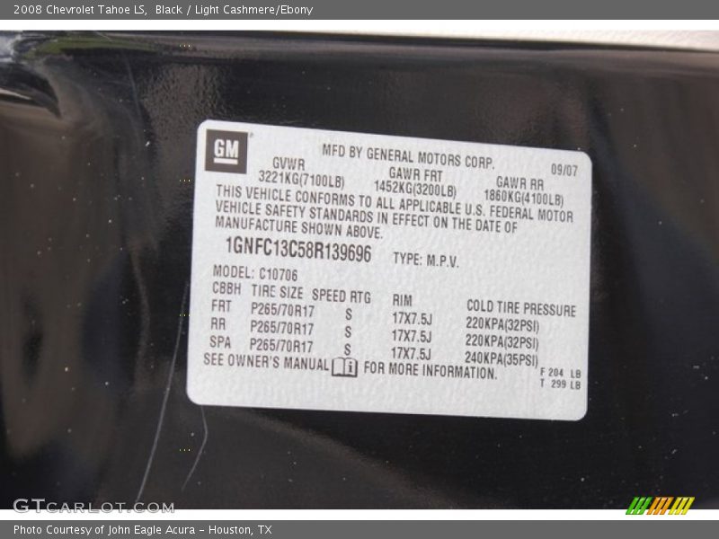 Black / Light Cashmere/Ebony 2008 Chevrolet Tahoe LS