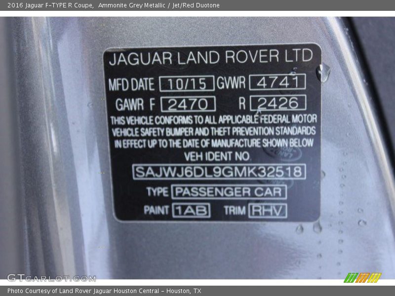 Ammonite Grey Metallic / Jet/Red Duotone 2016 Jaguar F-TYPE R Coupe