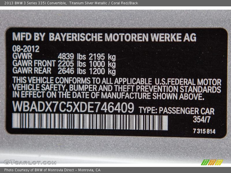 Titanium Silver Metallic / Coral Red/Black 2013 BMW 3 Series 335i Convertible