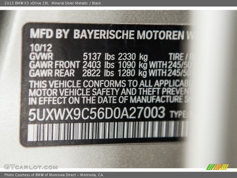 Mineral Silver Metallic / Black 2013 BMW X3 xDrive 28i