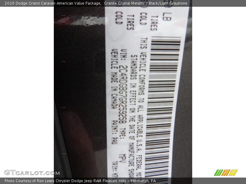 Granite Crystal Metallic / Black/Light Graystone 2016 Dodge Grand Caravan American Value Package
