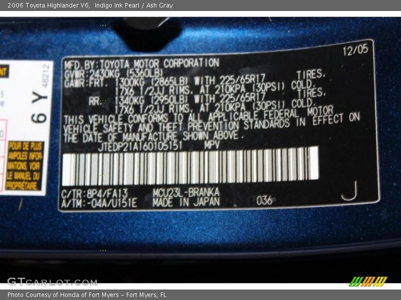 Indigo Ink Pearl / Ash Gray 2006 Toyota Highlander V6