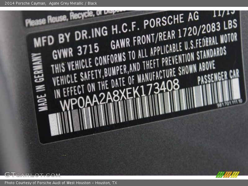 Agate Grey Metallic / Black 2014 Porsche Cayman