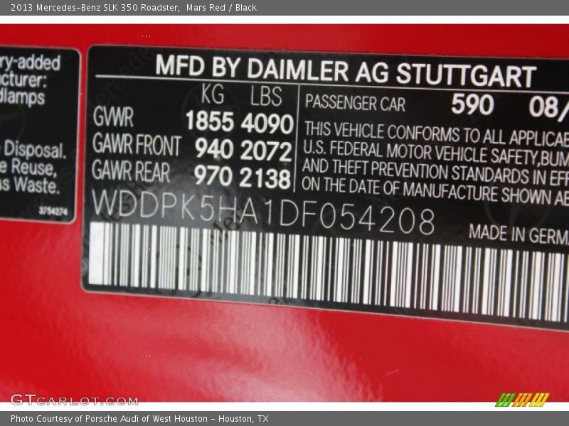 2013 SLK 350 Roadster Mars Red Color Code 590