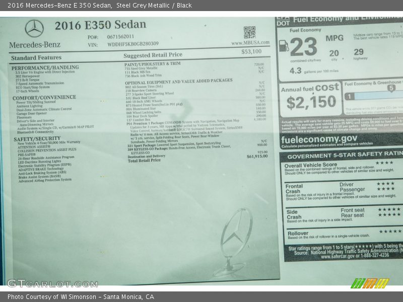 Steel Grey Metallic / Black 2016 Mercedes-Benz E 350 Sedan