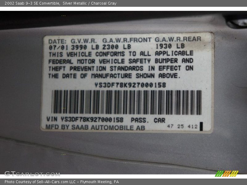 Silver Metallic / Charcoal Gray 2002 Saab 9-3 SE Convertible