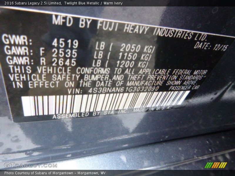 Twilight Blue Metallic / Warm Ivory 2016 Subaru Legacy 2.5i Limited