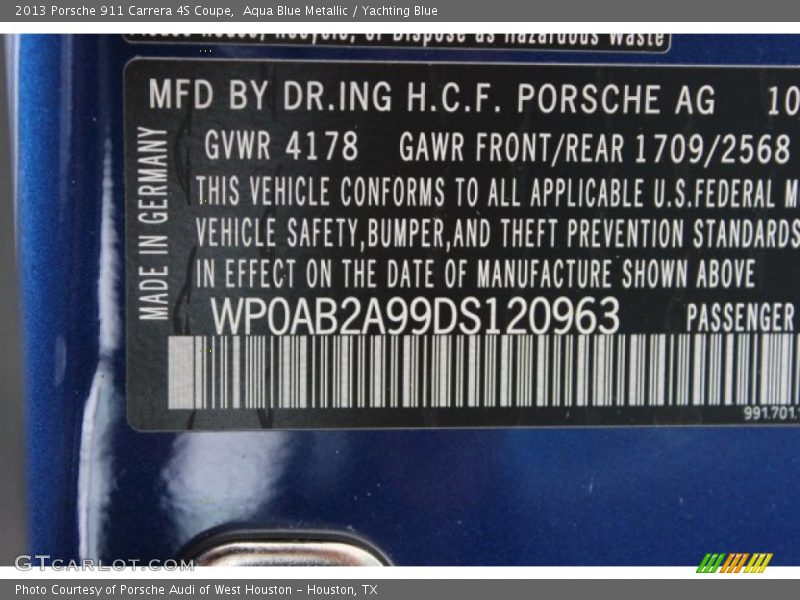 Aqua Blue Metallic / Yachting Blue 2013 Porsche 911 Carrera 4S Coupe
