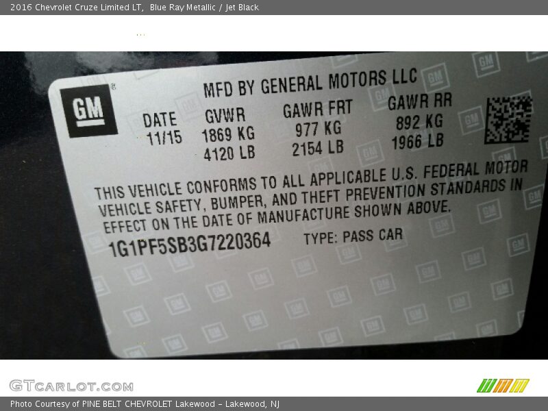 Blue Ray Metallic / Jet Black 2016 Chevrolet Cruze Limited LT