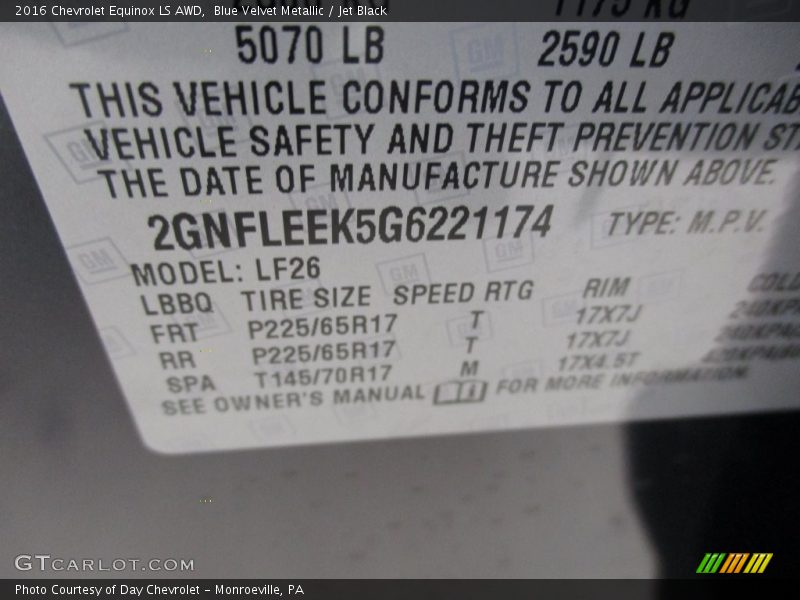 Blue Velvet Metallic / Jet Black 2016 Chevrolet Equinox LS AWD