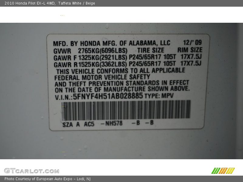 Taffeta White / Beige 2010 Honda Pilot EX-L 4WD