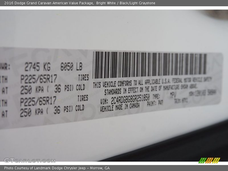 Bright White / Black/Light Graystone 2016 Dodge Grand Caravan American Value Package